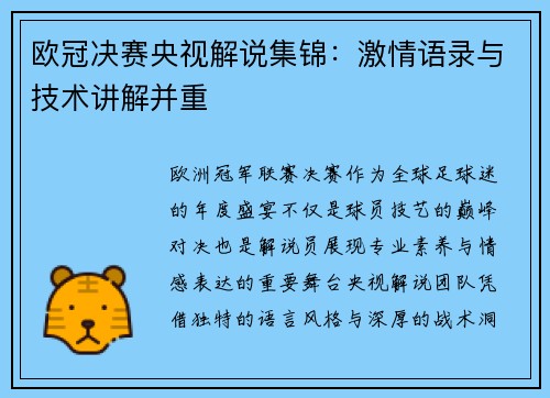 欧冠决赛央视解说集锦：激情语录与技术讲解并重